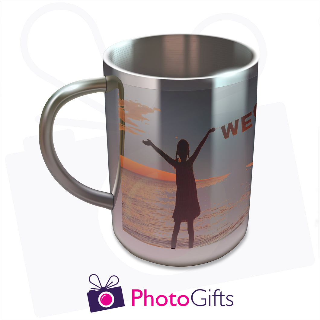 10oz personalised stainless steel insulated mug with your own choice of image on the mug as produced by Photogifts.co.uk