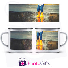 Load image into Gallery viewer, 10oz personalised camping enamel mug with your own choice of image. The image is wrapped around the mug and can be seen in full in the picture about the mugs as produced by Photogifts.co.uk
