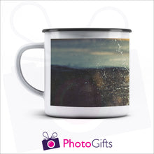 Load image into Gallery viewer, 10oz personalised white enamel camping mug with your own choice of image as produced by Photogifts.co.uk
