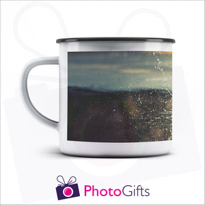 10oz personalised white enamel camping mug with your own choice of image as produced by Photogifts.co.uk