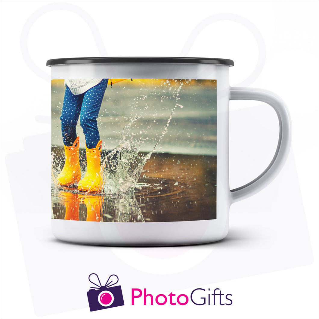 Personalised 10oz white enamel camping mug with your own choice of image on the mug as produced by Photogifts.co.uk