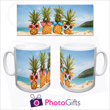 Load image into Gallery viewer, 10oz White gloss mug with your own choice of image. Full image is shown at the top and then how it would look on the mug is shown below from the right and left sides as produced by Photogifts.co.uk
