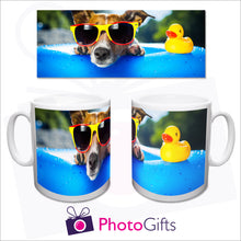 Load image into Gallery viewer, Full picture shown above the mug showing how it would be applied to a personalised white plastic 10 oz mug by photogifts.co.uk
