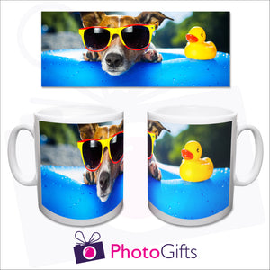 Full picture shown above the mug showing how it would be applied to a personalised white plastic 10 oz mug by photogifts.co.uk