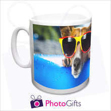 Load image into Gallery viewer, personalised white plastic 10oz mug with your own choice of image printed as produced by Photgifts.co.uk
