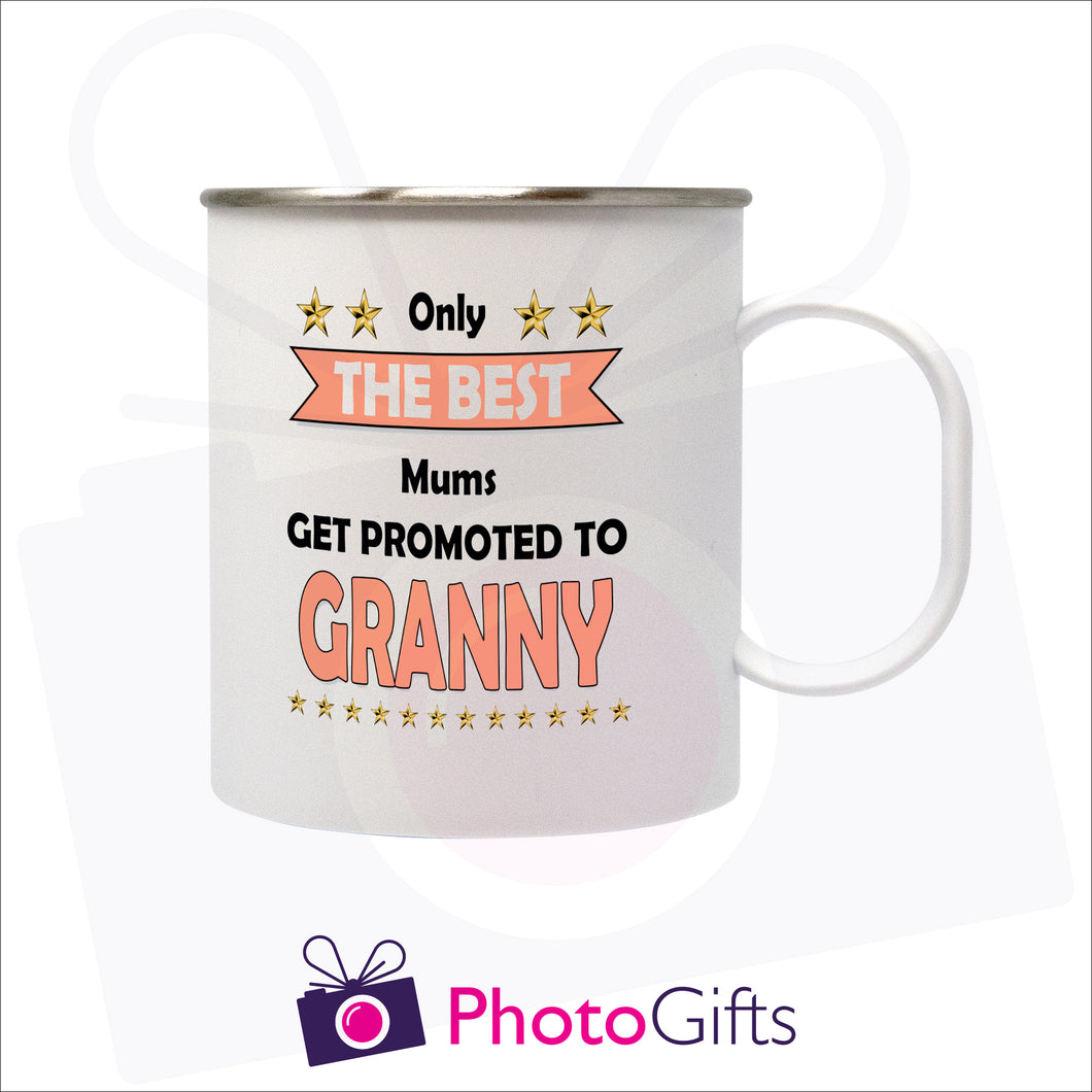 11oz white plastic mug with steel inner that has been personalised with the slogan 
