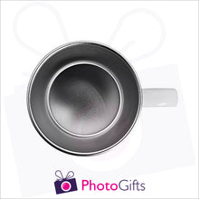 Load image into Gallery viewer, White plastic mug with stainless steel interior seen from above with the handle to the right of the picture. Mug can be personalised by Photogifts.co.uk
