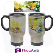 Load image into Gallery viewer, 14oz silver gloss personalised travel mug with your own choice of image. The picture above is the full image and shows on the mug how it is wrapped around the mug as produced by Photogifts.co.uk
