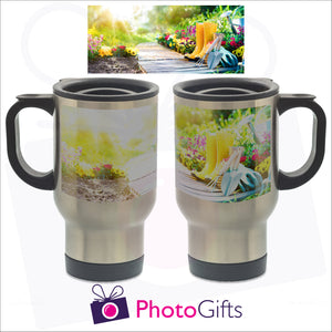 14oz silver gloss personalised travel mug with your own choice of image. The picture above is the full image and shows on the mug how it is wrapped around the mug as produced by Photogifts.co.uk