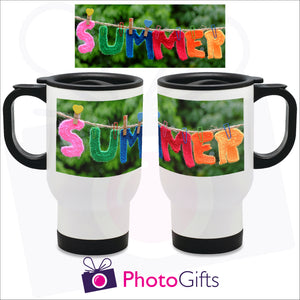 14oz white gloss personalised travel mug with your own choice of image. The picture above is the full image and shows on the mug how it is wrapped around the mug as produced by Photogifts.co.uk