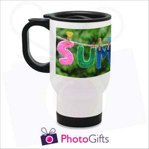 14oz personalised travel mug in white gloss with your own choice of image on the mug as produced by Photogifts.co.uk