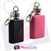 Load image into Gallery viewer, Two mini hip flasks, one pink one black, on keyrings as produced by Photogifts.co.uk
