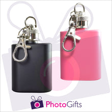 Load image into Gallery viewer, Front view showing keyring clip on two mini hip flasks, one pink one black, on keyrings as produced by Photogifts.co.uk
