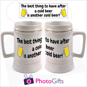 Personalised white 22oz stein with your own image printed. Image above the mugs shows the full design and the mugs shows how it wraps around the mug. As produced by Photogifts.co.uk