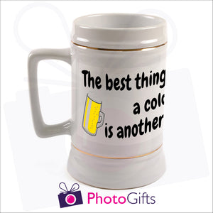 Personalised 22oz white stein comes with your own choice of image as produced by Photogifts.co.uk
