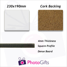 Load image into Gallery viewer, 23x19cm cork backed personalised placemat information panel giving sizes and material information as produced by Photogifts.co.uk
