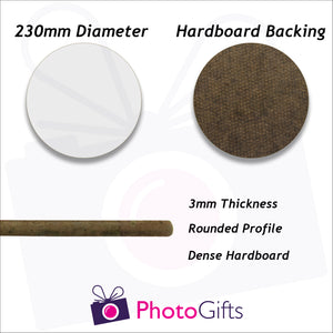 Information on material and size of 23cm round hard board backed placemat as produced by Photogifts.co.uk