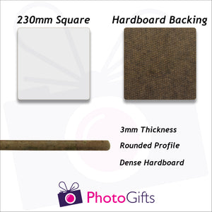 Information on 23cm square hard board backed placemat as produced by Photogifts.co.uk
