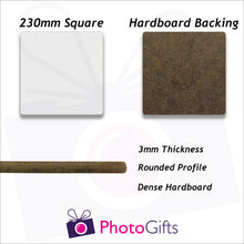 Load image into Gallery viewer, Information on 23cm square hard board backed personalised placemat as produced by Photogifts.co.uk
