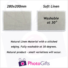 Load image into Gallery viewer, Information on size and material for individually personalised linen placemat as produced by Photogifts.co.uk
