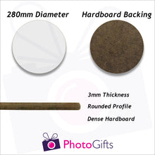 Load image into Gallery viewer, Information on 28cm round hard board personalised placemat as produced by Photogifts.co.uk
