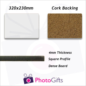 Information on backing and size for 32x23cm cork backed individually personalised placemat as produced by Photogifts.co.uk