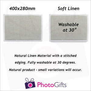 Information on 40 x 28cm washable individually personalised linen placemat as produced by Photogifts.co.uk