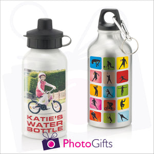 Personalised 400ml sports water bottles in either white or silver finish.  Both can be personalised with your own choice of image as produced by Photogifts.co.uk