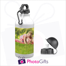 Load image into Gallery viewer, 400ml white personalised sports water bottle with your own choice of image and supplied with two different caps as produced by Photogifts.co.uk
