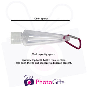 Close up image of a side of small 50ml clear plastic travel bottle together with a pink carabiner. Length of bottle is shown. As supplied by Photogifts.co.uk 