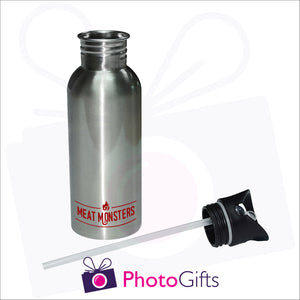 Silver personalised 600ml water bottle which is supplied with integral straw as produced by Photogifts.co.uk