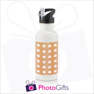 White 600ml personalised sports water bottle with cap on and integral straw as produced by Photogifts.co.uk