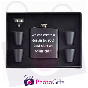 Open boxed gift set of a black hip flask with silver funnel and four matching shot glasses. Hip flask  with the words we can create a design for you just start an online chat  personalised on the flask. Flask set as produced by Photogifts.co.uk