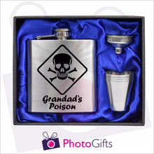 Load image into Gallery viewer, Open boxed gift set of a silver hip flask with silver funnel and four matching shot glasses. Hip flask  with the words Grandad&#39;s Posion and a picture of a skull and cross bones personalised on the flask. Flask set as produced by Photogifts.co.uk
