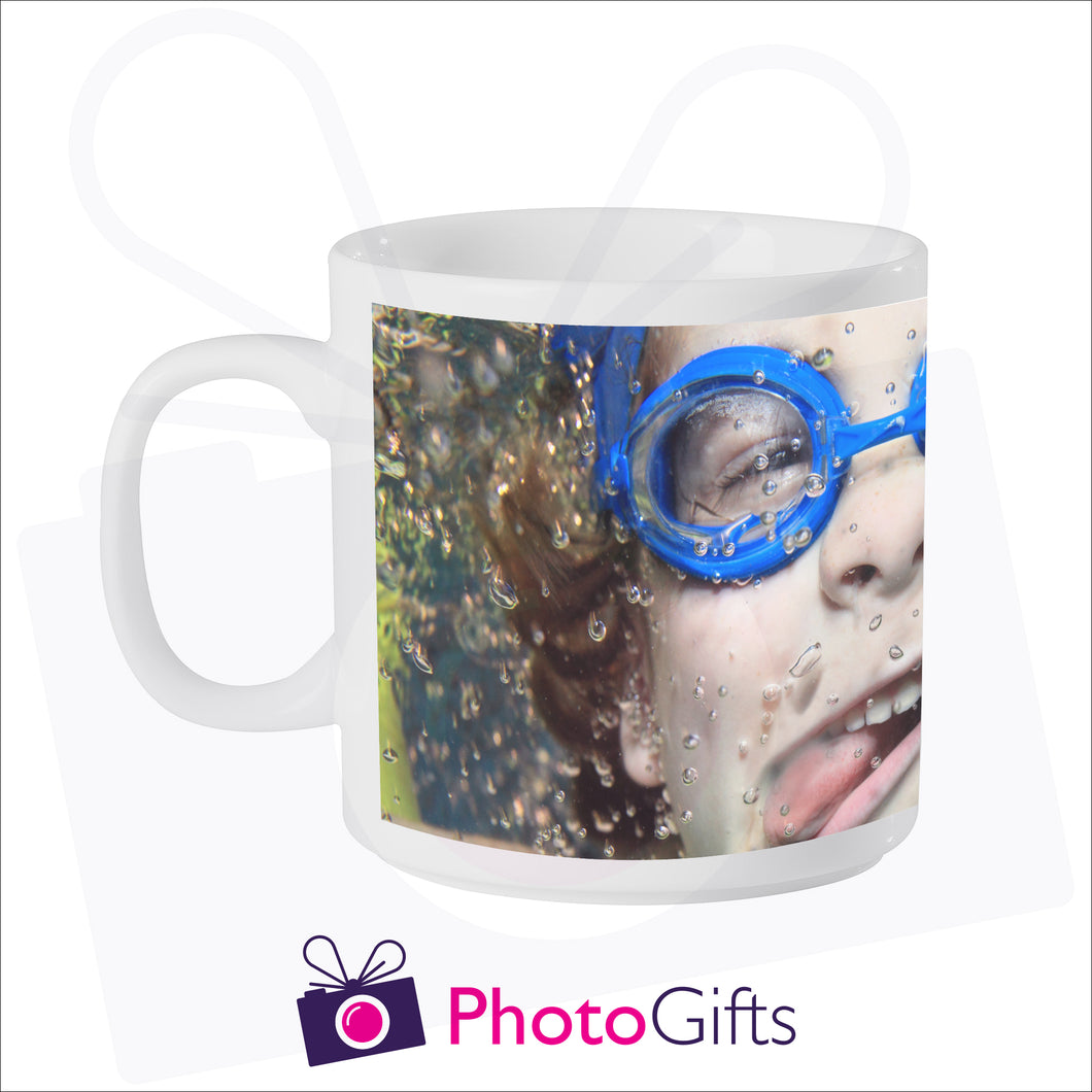 Personalised 6oz smug mug with your own choice of image on the mug as produced by Photogifts.co.uk
