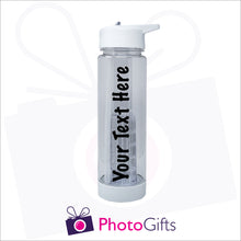 Load image into Gallery viewer, Large clear plastic fruit infusion water bottle with personalised text. As produced by Photogifts.co.uk
