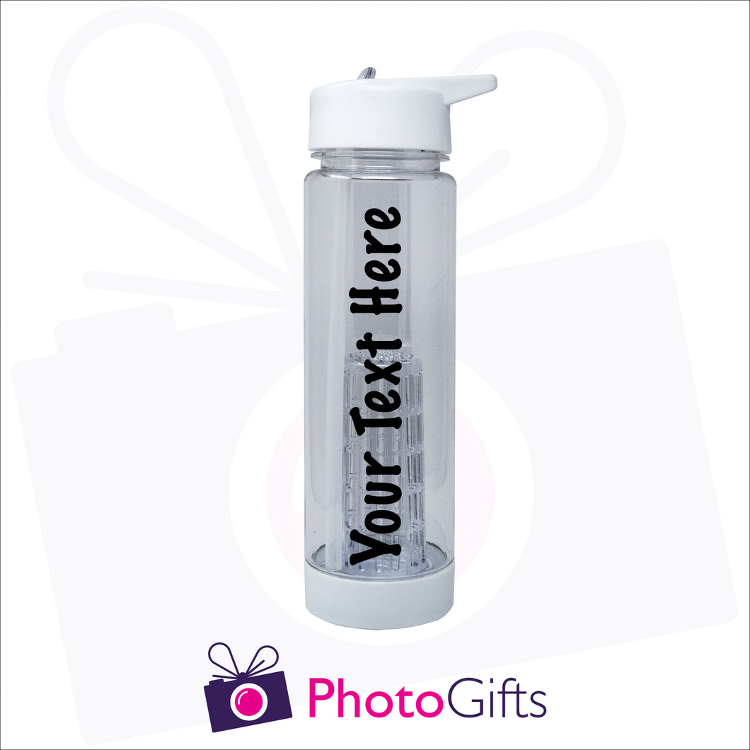 Large clear plastic fruit infusion water bottle with personalised text. As produced by Photogifts.co.uk