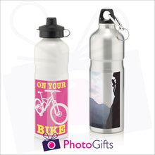 Load image into Gallery viewer, Silver and White 750ml sports water bottles with personalised images as supplied by Photogifts.co.uk
