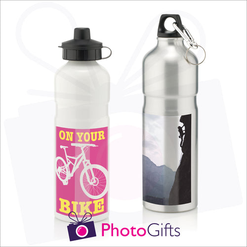 Silver and White 750ml sports water bottles with personalised images as supplied by Photogifts.co.uk