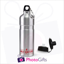 Load image into Gallery viewer, Silver 750ml sports water bottle with two caps and your own choice of image as produced by Photogifts.co.uk
