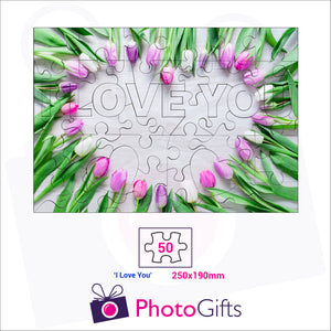 Personalised A4 jigsaw with your own choice of image. Breaks down into 50 pieces with some of the pieces in the shape of "I Love You" . As produced by Photogifts.co.uk