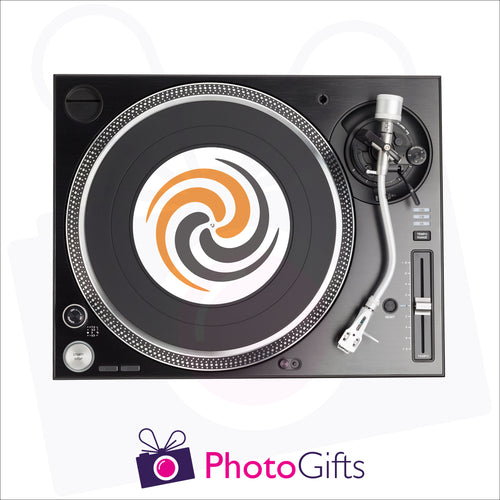 7inch personalised DJ slipmat on record player as produced by Photogifts.co.uk