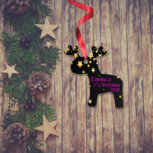 Dark wooden background with a Christmas Garland stretched out on the Left hand side from top to bottom. On the garland are some wooden stars and fir cones along with some dark red berries. To the right of the garland is a Christmas Decoration in the shape of a reindeer with a red ribbon. The decoration is mainly black with gold star all over the reindeer. In the middle are the words 