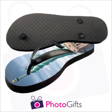 Load image into Gallery viewer, image showing top and bottom of Small adult sized personalised flip-flops with your own choice of image as produced by Photogifts.co.uk
