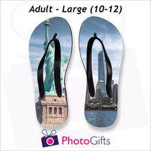 Load image into Gallery viewer, Large adult sized personalised flip-flops with your own choice of image as produced by Photogifts.co.uk
