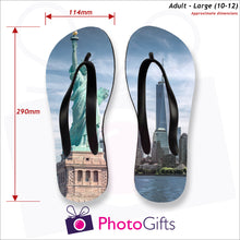 Load image into Gallery viewer, Dimensions of large adult sized personalised flip-flops with your own choice of image as produced by Photogifts.co.uk

