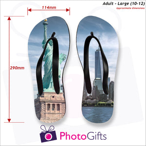 Dimensions of large adult sized personalised flip-flops with your own choice of image as produced by Photogifts.co.uk