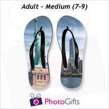Load image into Gallery viewer, Medium adult sized personalised flip-flops with your own choice of image as produced by Photogifts.co.uk
