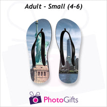 Load image into Gallery viewer, Small adult sized personalised flip-flops with your own choice of image as produced by Photogifts.co.uk
