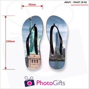 Dimensions of Small adult sized personalised flip-flops with your own choice of image as produced by Photogifts.co.uk